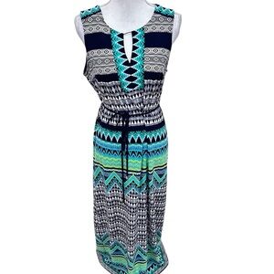 Sandra Darren patterned sleeveless keyhole neckline maxi jersey knit dress sz 12
